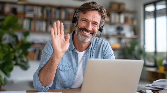Man enjoys virtual meeting while smiling and waving in a cozy workspace