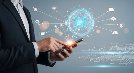 Businessman Using Smartphone with AI Hologram Overlay - Digital Innovation and Technology Concept