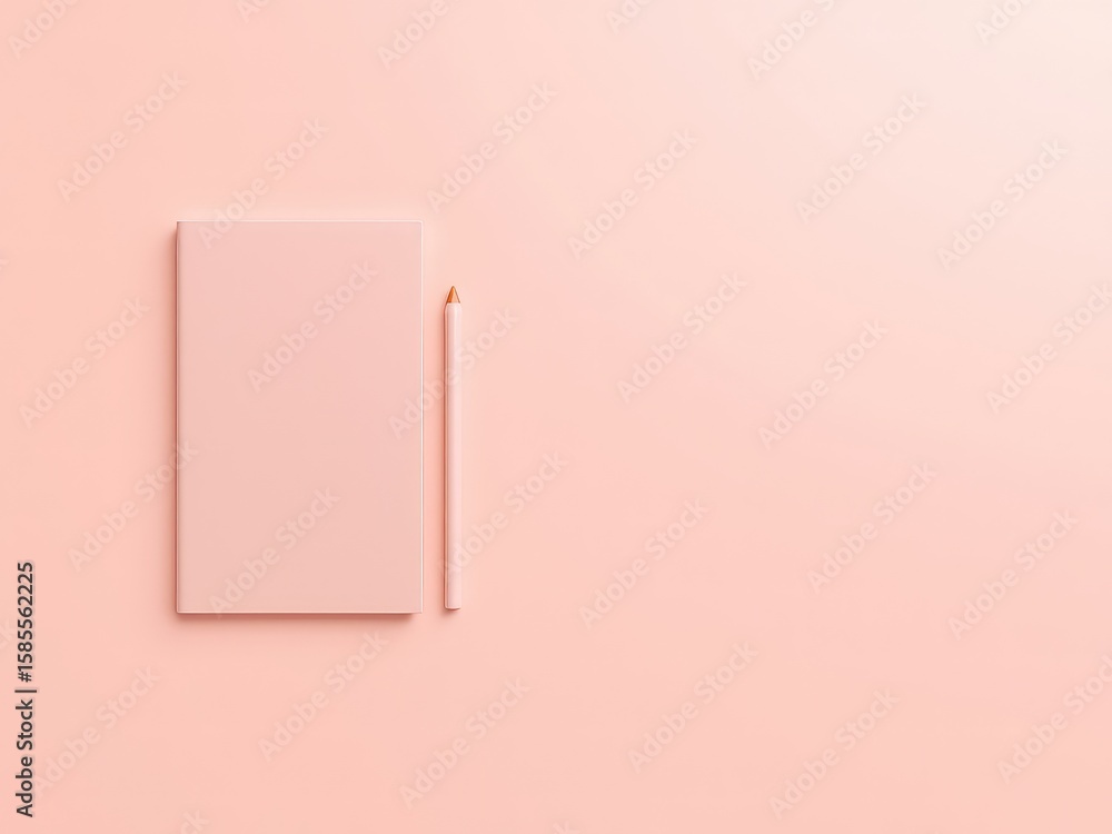 Poster simple coral workspace with notebook and pencil for creating ideas and plans on a blank canvas