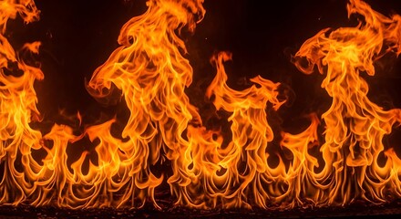Abstract red and orange fire flames blaze intensely on a dark, hot black background