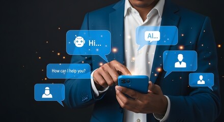 Man Using Smartphone with AI Chatbot Interface Overlay
