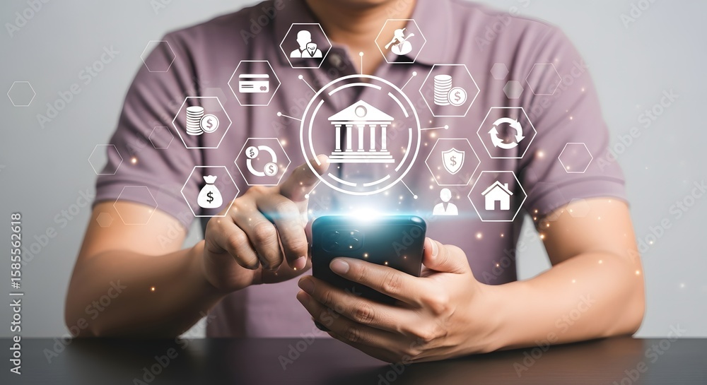Poster man using smartphone with financial technology overlay