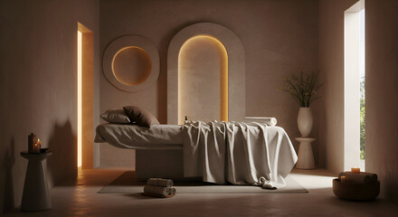 Beige spa treatment room with comfortable massage table and soft lighting. Empty massage table ready for a client with warm, neutral colors, creating a calm and relaxing atmosphere.