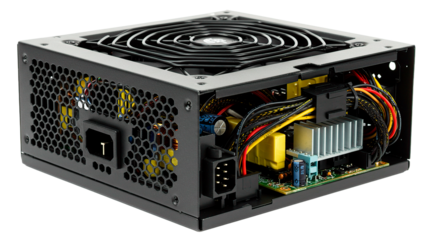 Detailed view of a computer power supply unit with internal components.