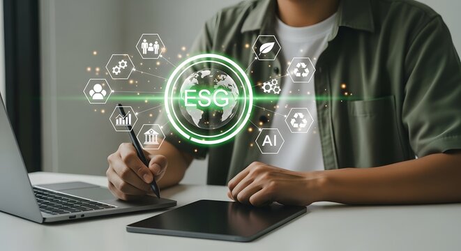 Man Working on ESG Report with Digital Icons Overlay