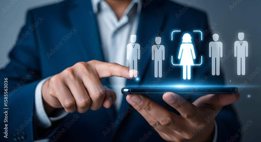 Poster digital representation of diverse team - selecting a female leader on mobile device