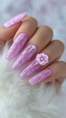 Acrylic nails featuring intricate 3D flower designs and rhinestones for stylish nail art enthusiasts.