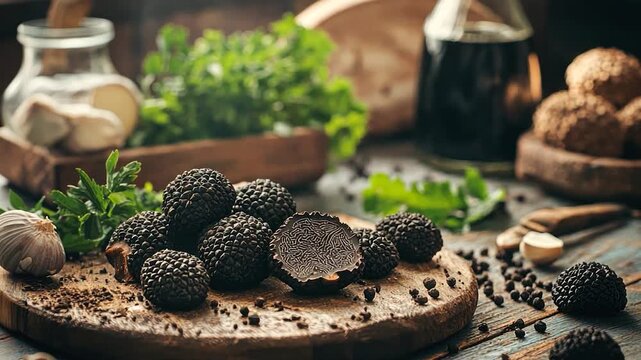 Black truffle chocolates on a wooden board, with herbs and spices