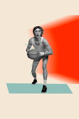 3d poster image vertical pop art collage of astonished man hold basket ball healthy lifestyle tournament player competition winner