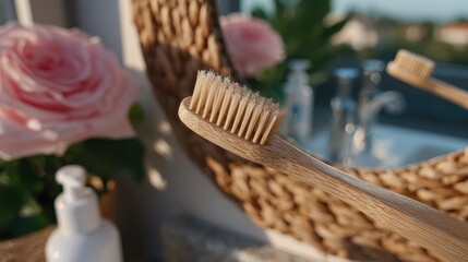 Bamboo toothbrush and fresh flowers in a peaceful beauty routine