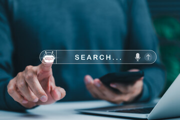 AI chatbot search engine technology concept. Person using search bar with AI chatbot icon,...