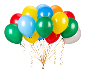 Colorful Helium Balloons in Cluster with Ribbons, isolated on a transparent background.