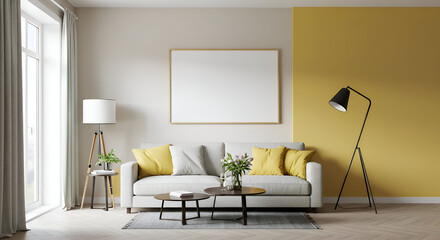 Empty framed poster in a modern living room featuring a light gray sofa with mustard yellow throw pillows, a tripod floor lamp, and two nesting coffee tables.