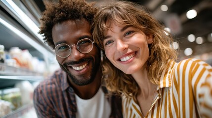 Happy couple enjoying a fun shopping trip in a grocery store