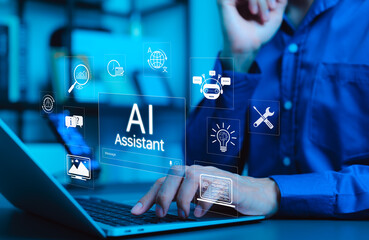 AI assistant technology concept. Person working with artificial intelligence icons, chatbot communication, machine learning, automation tools, and virtual assistant services in modern business setting