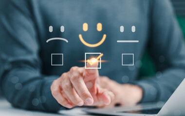 Customer review satisfaction feedback survey concept. Smiling face icon on survey represent...