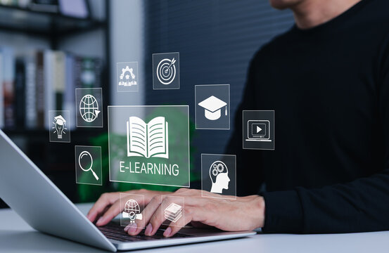 Online education and e-learning technology concept. Person using laptop with digital learn icons, book, graduation cap, video tutorial, global network, remote learning, and modern training solutions.