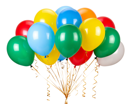 Colorful Helium Balloons in Cluster with Ribbons, isolated on a transparent background.