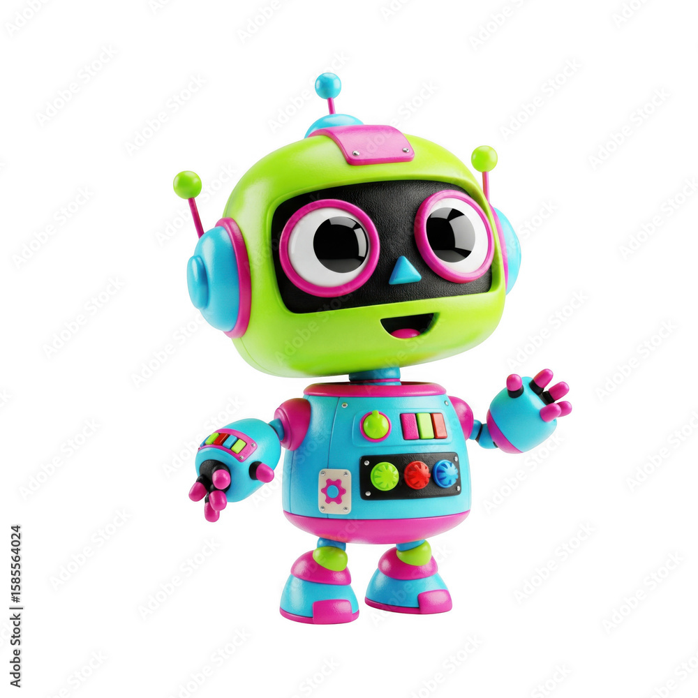 Poster whimsical robot character with vibrant colors and a cheerful expression against black background