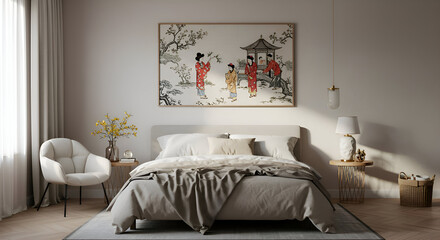 A neutral bedroom interior featuring a framed Asian-inspired print of figures in traditional attire.