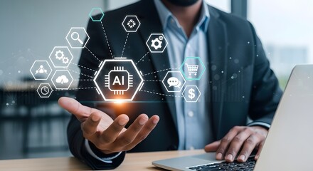 Businessman Holding AI Technology Interface with Connected Icons - Business Innovation Concept