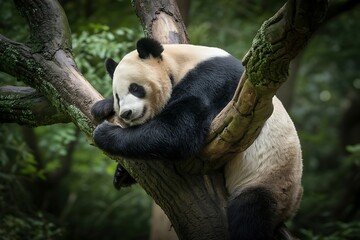 Obraz premium A giant panda clings to a tree trunk, appearing to sleep soundly amidst lush green foliage