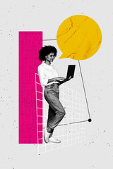 Sketch template design photo collage composite of young lady stand hand hold laptop speech cloud...
