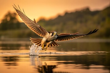 A falcon splashes water as it takes flight from the surface of a lake during golden hour