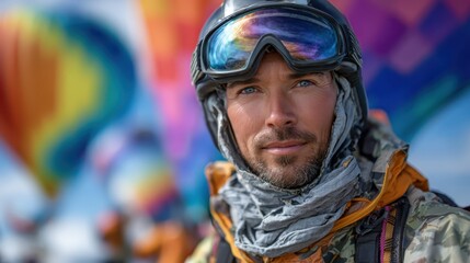 Adventurer prepares for a thrilling hot air balloon ascent at sunrise