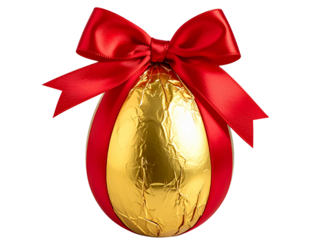Golden Foil Easter Egg with Ribbon Bow, isolated on a transparent background.