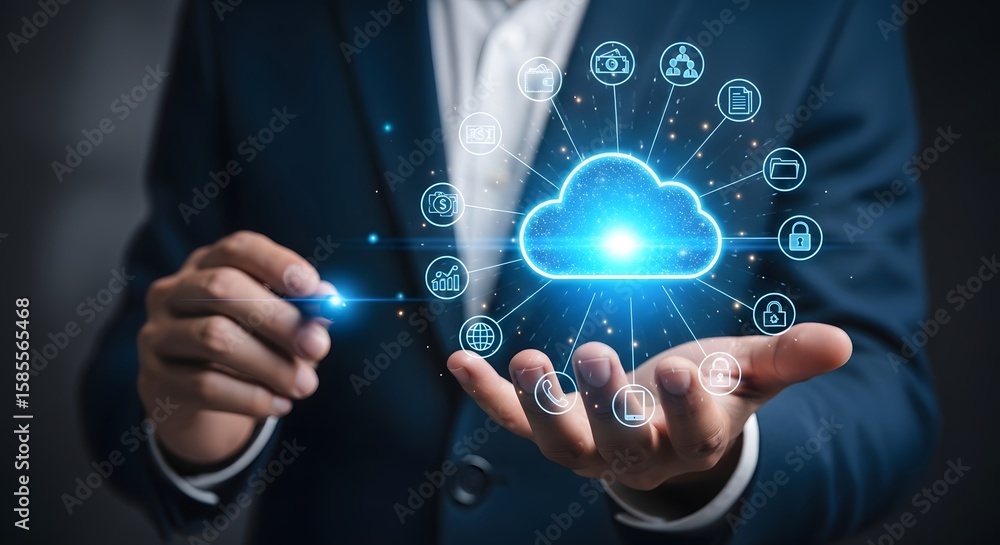 Poster cloud computing services concept businessman holding cloud with application icons data