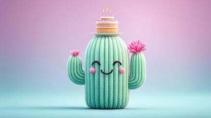 Cactus cartoon, Cartoon cactus celebrating a birthday with a tiny cake in a fun illustration.