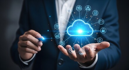 Cloud computing services concept businessman holding cloud with application icons data