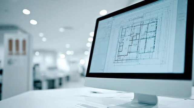 Architectural blueprint plan displayed computer screen inside office