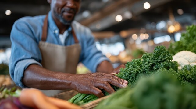 Fresh produce and vibrant greens in a bustling marketplace setting