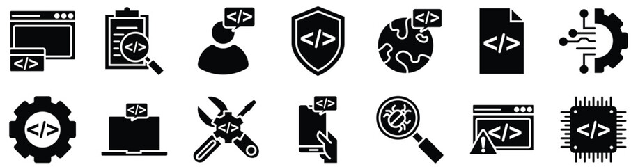 Programming coding set of web icons . Software development icons for web and mobile app. software, program, coding, vector, technology, vector stock. 