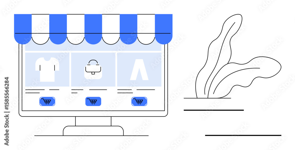 Poster monitor displaying an online store with apparel listings and shopping carts under a striped awning. 