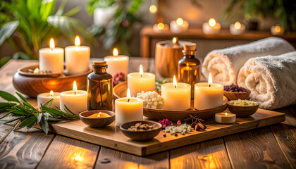 Fototapeta premium Spa Relaxation Setting with Lit Candles and Essential Oils
