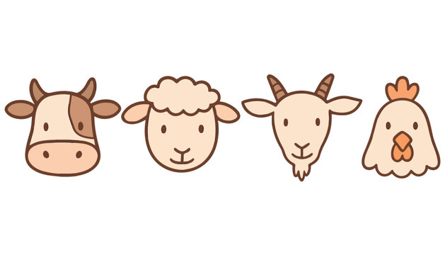 Farm Animal Face Icons Set - Cow, Sheep, Goat, Chicken, Pig, Cute Line Drawings

