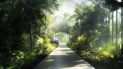 Tranquil walkway through a lush tropical greenhouse with abundant foliage