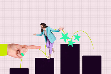 Art pop collage of person stand column charts with stars finger point on pink background