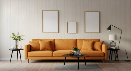 Modern living room featuring an orange couch with neutral wall decor and empty frames. Empty frames and a stylish coffee table and side table are displayed in front of a pale wood-paneled wall.