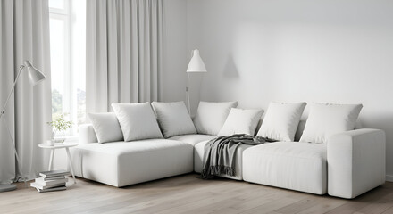 Modern corner sectional sofa in a minimalist living room setting with neutral tones. Stylish, contemporary design with a neutral color palette, showcasing clean lines and comfortable padded cushions.