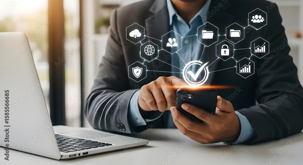 Poster business man using smartphone with data cloud network and security icons for technology