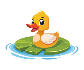 Joyful Duckling Resting Happily on Green Leaf