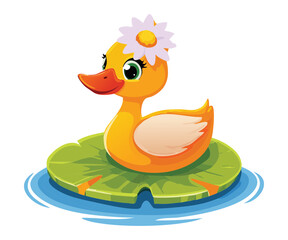 Peaceful Duckling Resting Atop a Green Leaf Pad