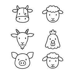 Farm Animal Face Icons Set - Cow, Sheep, Goat, Chicken, Pig, Cute Line Drawings

