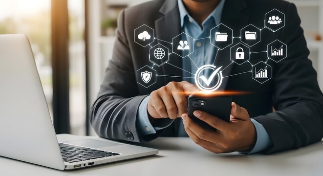 Business man using smartphone with data cloud network and security icons for technology - Powered by Adobe