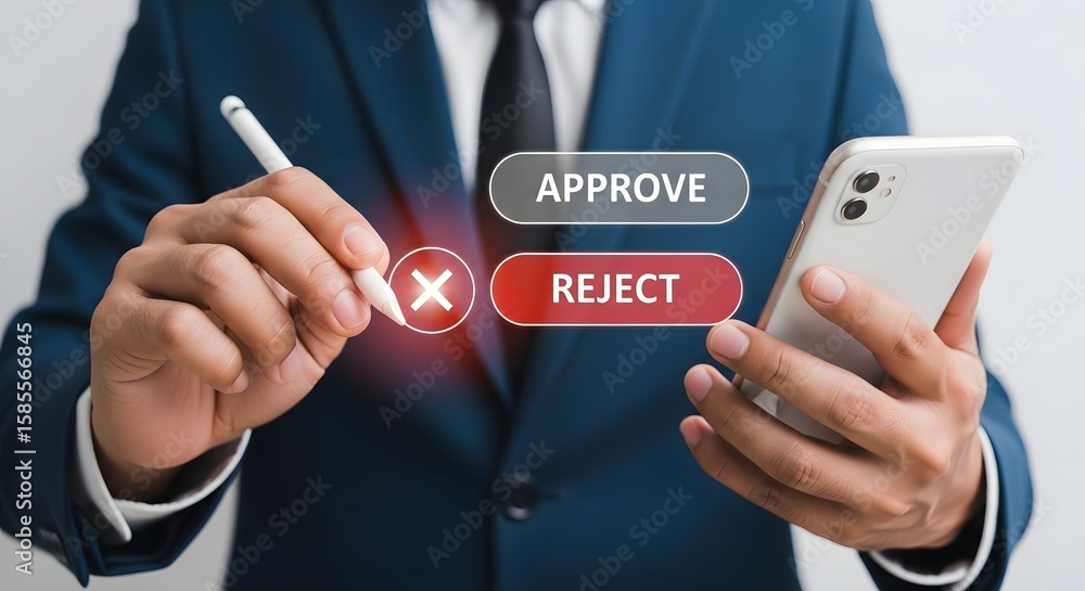 Aufkleber approve or reject concept: man using stylus and smartphone for decision making process