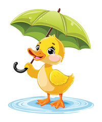 Cute Duckling Posing with Open Green Umbrella